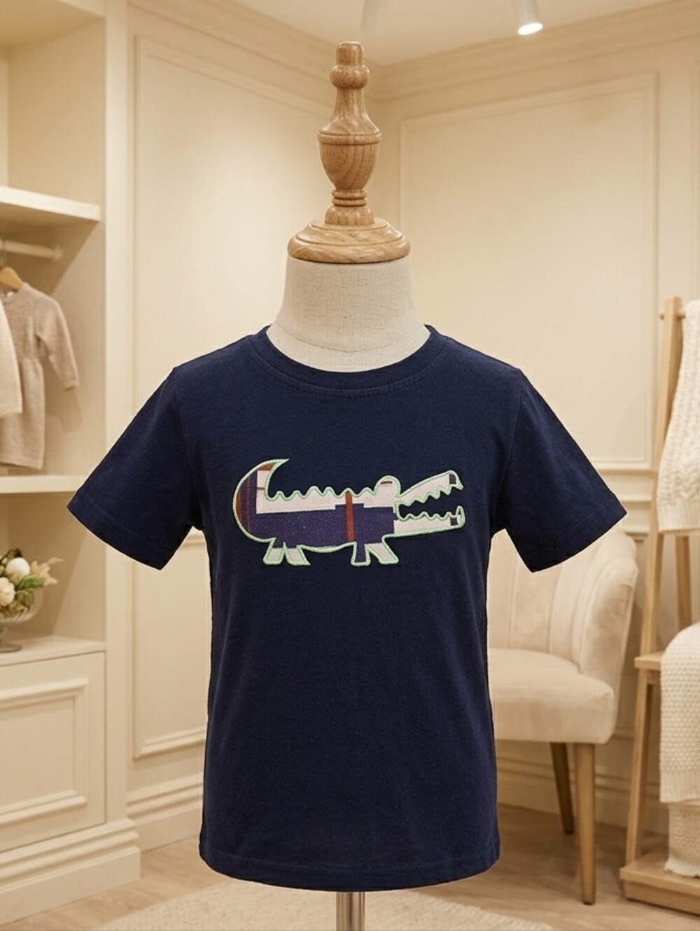 Navy Blue Kids T-Shirt with Crocodile Applique